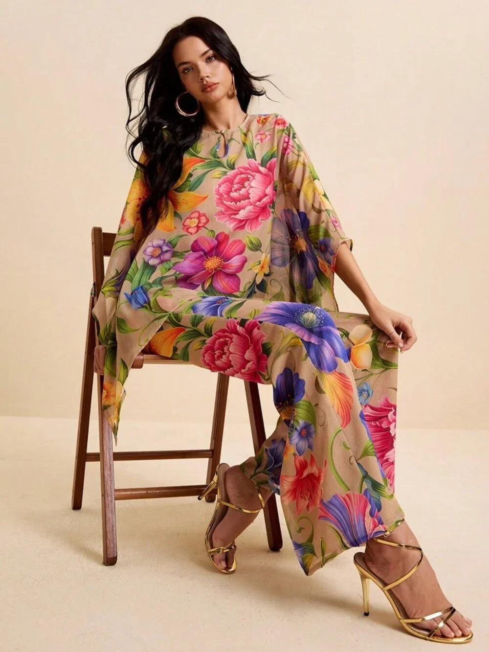 Khaki Boho Women's Tropical Floral Printed Blouse and Pants 2-Piece Set